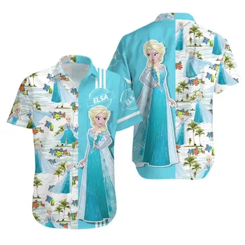 Гавайская рубашка с цветочным принтом Elsa Frozen Мужская Женская Рубашка с коротким рукавом Гавайская рубашка принцессы Диснея Эльзы Летняя Пляжная рубашка