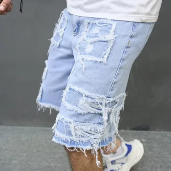 2023 Летние мужские джинсовые шорты с рваной заплаткой на Хай-стрит, стильные однотонные повседневные мужские прямые джинсовые шорты