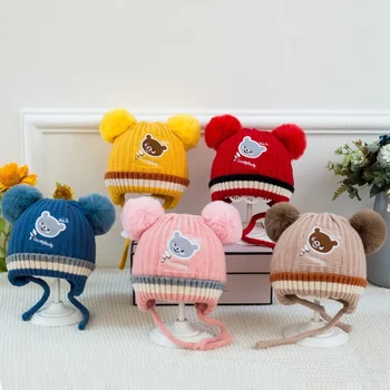 Детская осенне-зимняя вязаная шапка с вышитым медведем для мальчиков и девочек, милая шерстяная шапка для защиты ушей и теплая шерстяная шапка из шерсти