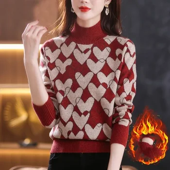 Женский пуловер в стиле пэчворк с полувысоким вырезом и принтом Love Sweater, зимние модные облегающие трикотажные топы с длинным рукавом для офисных леди, PH183