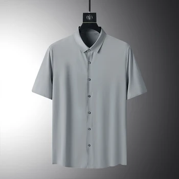 Летние мужские однотонные рубашки с короткими рукавами 2023 года, мужские свободные Эластичные повседневные Черно-белые Быстросохнущие шелковые рубашки, мужские рубашки 8Xl