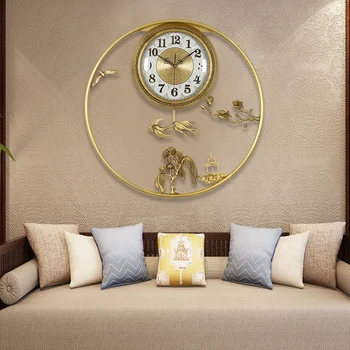 Настенные часы Новый Китайский Стиль Латунные Настенные Часы Гостиная Китайский Стиль Маятниковые Кварцевые Часы Спальня Бесшумные Декоративные Часы