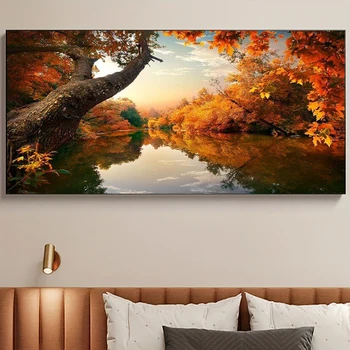 Осенние красные кленовые листья, картина с озером, настенный пейзаж, печать на холсте, плакат, картина для гостиной, настенная роспись для домашнего декора