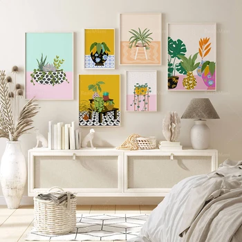 Старинные комнатные растения, гепард в тропических джунглях, купающийся лев, милые растения в горшках, яркие цветочные рисунки на стенах, эстетический плакат в стиле бохо