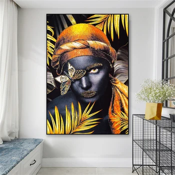 Золотая Блестящая Африканская женщина, картина на холсте, женские портретные принты, Настенный художественный декор, Золотисто-серебристый плакат для домашней гостиной
