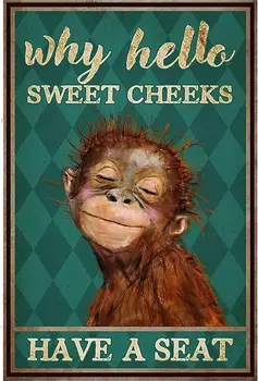Металлическая Вывеска Monkey Why Hello Sweet Cheeks Have A Seat Вывеска Винтажная Забавная Вывеска Ретро Алюминиевые Жестяные Вывески для Домашней Кухни