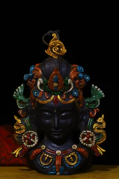 Коллекция Тибетского Храма 8 дюймов, Старая Бронзовая, Окрашенная в зеленый Цвет Маска Головы Будды Тары, подвесной экран, Зал Поклонения, Городской дом, Экзорцизм