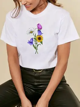 Футболка, модная женская рубашка, Женская цветочная акварель, тренд 90-х, Женский принт с коротким рукавом, Весенне-летняя графическая футболка