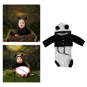 Реквизит для детской фотосессии, ручная вязка, Шапка с ушками панды и комплект комбинезона, Реквизит для фотосъемки новорожденных, Детская одежда для фотосъемки 2ШТ