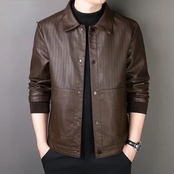 Тонкие мужские кожаные куртки с воротником-стойкой, мужская куртка в полоску, классическая однотонная мотоциклетная зимняя куртка A75