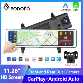 Podofo 11,26 Дюймовая HD Зеркальная Камера для Автомобильного Зеркала Заднего Вида Беспроводная Carplay Передняя и Задняя Камера Зеркало DVR Черный Ящик