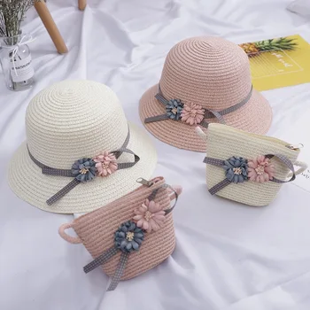 Детская соломенная шляпа, сумка, комплект из двух предметов, новая солнцезащитная шляпа для девочек, корейская версия, пляжная шляпа принцессы, летняя детская шляпа рыбака