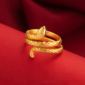 Открытое Золотое классическое кольцо в виде змеи для женщин, открытые кольца из чистого золота 22 карат, никогда не выцветают, Счастливые украшения, подарки на день рождения