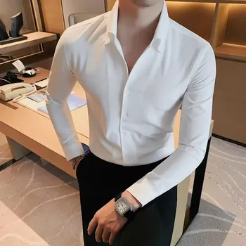 Мужская рубашка с V-образным вырезом в британском стиле для джентльменов, однотонная повседневная рубашка с длинными рукавами, модные деловые рубашки для светской жизни M-5XL