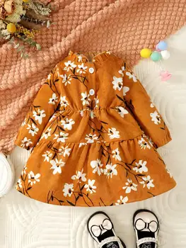 Повседневное удобное платье с цветочным рисунком для маленьких девочек 6-36 м, плиссированный воротник-стойка, открытая пуговица спереди, весенне-летний стиль