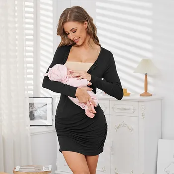 Женское платье в складку для беременных и кормящих мам, однотонное детское платье для кормления грудью с длинным рукавом, ночная рубашка для грудного вскармливания, мини-платье