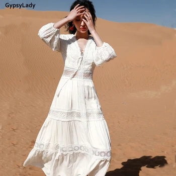 Макси-платье с цветочной вышивкой GypsyLady, кружевное белое летнее праздничное платье из 100% хлопка, прозрачные женские платья в стиле бохо, сексуальный шик