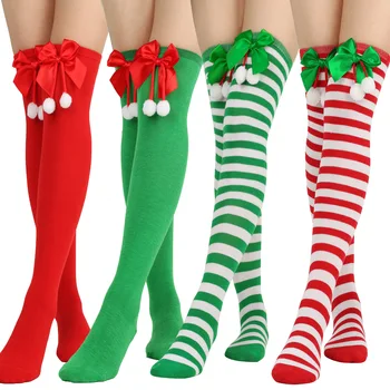 Рождественские носки с бантом, шаровары выше колена, женские праздничные рождественские чулки в полоску, женский аксессуар осень-зима