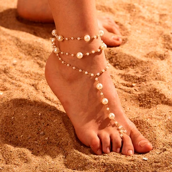 модный браслет на ногу с диким жемчугом, женские пляжные босоножки, цепочка для ног, трехслойный браслет на ножку ручной работы, украшенный бисером, ювелирные аксессуары для ног