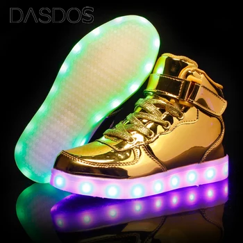 Детская обувь со светодиодной USB-зарядкой, светящиеся кроссовки, Детская светящаяся обувь с крючком и петлей для девочек И мальчиков, скейтборд, высокие спортивные кроссовки