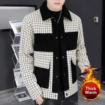 Высококачественная куртка Steetwear с лацканами контрастного цвета, мужская зимняя шерстяная куртка-тренч контрастных цветов, Решетчатая куртка