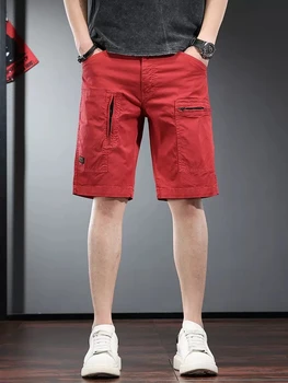 Хлопчатобумажные мешковатые мужские шорты летнего Модного красного цвета с множеством карманов, прямые шорты длиной до колен CP2292