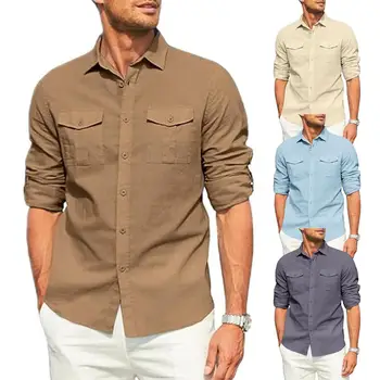 Мужская рубашка с длинным рукавом, универсальная мужская повседневная рубашка с отворотом, карманы с клапанами, длинный рукав, однобортный дизайн, свободный крой для рабочей одежды