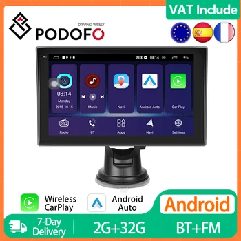 Podofo Android 12 Портативный Беспроводной CarPlay Плеер Android Auto Multimedia Player 7-дюймовое автомобильное радио AI Voice GPS Стерео головное устройство