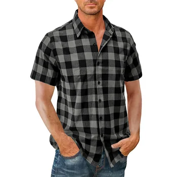 Повседневная Мужская Рубашка в клетку Обычного Покроя С Коротким Рукавом из 100% Хлопка camisas de hombre Классическая Мужская Мода В клетку