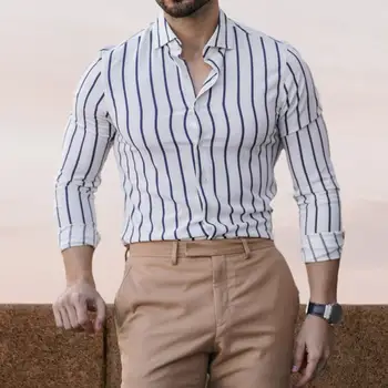 Мужской официальный топ, Стильная мужская деловая рубашка в полоску с принтом, приталенный крой, длинные рукава, отложной воротник для осенней официальной одежды на длительный срок.