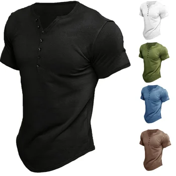 Летняя новая мужская рубашка Henley в европейском и американском стиле, мужская однотонная футболка с коротким рукавом, топ
