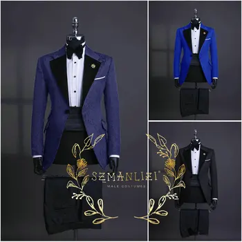 Темно-синий жаккардовый выпускной Мужской костюм для свадьбы, 2 предмета, приталенный смокинг жениха, мужской модный костюм Куртка + брюки