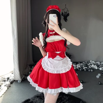 Сексуальное Красное Рождественское платье горничной С Квадратным элементом, Милая униформа горничной ресторана, Набор костюмов японской Лолиты для косплея на Хэллоуин
