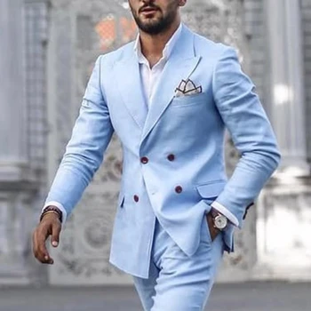 Новейший дизайн Небесно-голубых приталенных мужских костюмов 2021 года, новейшие свадебные смокинги жениха, Лучший мужской костюм Homme, 2 шт.