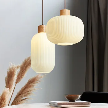 Подвесные светильники из белого стекла, японская простая подвесная лампа для гостиной, спальни, столовой, лофта, деревянный подвесной светильник