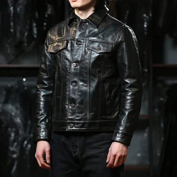Мужская куртка из лошадиной кожи с масляным воском, черный короткий абзац, тонкая одежда в байкерском стиле, американские 507 ковбойских моделей, модное повседневное пальто