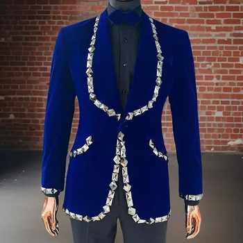 Расшитые бисером бархатные костюмы для мужчин, приталенный пиджак для курения с украшением в виде кристаллов, брюки, свадебный смокинг для жениха, модный блейзер 2024 г.